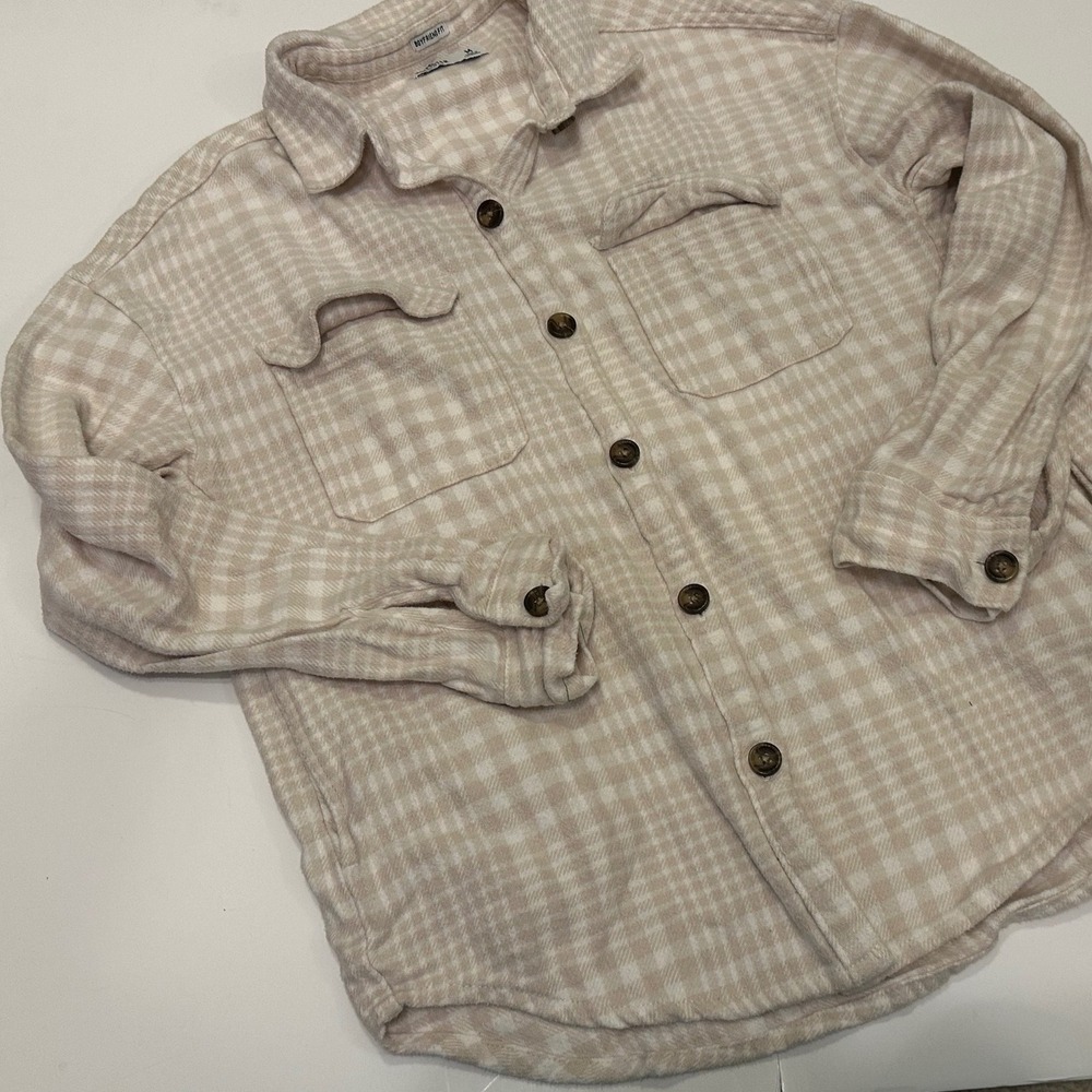 Hollister Plaid Boyfriend Fit Button Up Shirt‎ Jacket Beige Cream Women's Medium